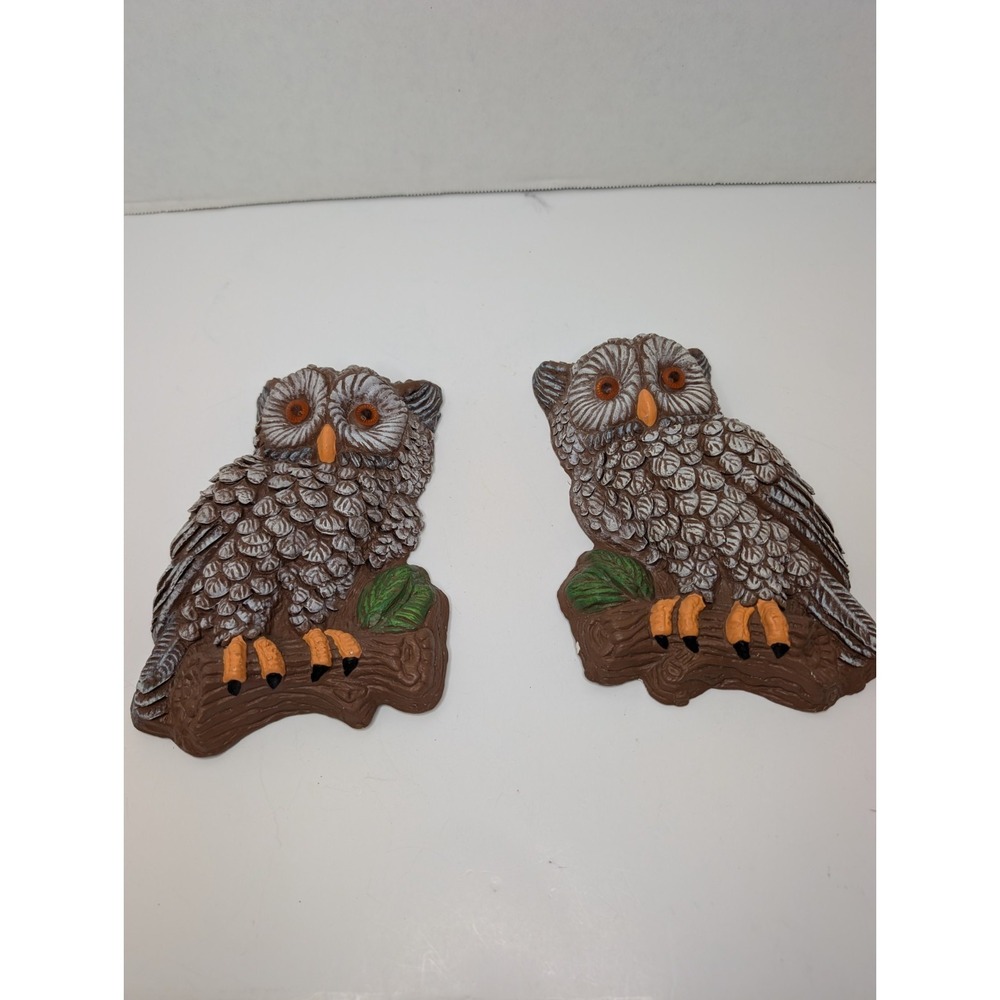 Vintage‎ Chalkware Owl Wall Plaques Pair Retro Brown Orange Eyes 7" Decor